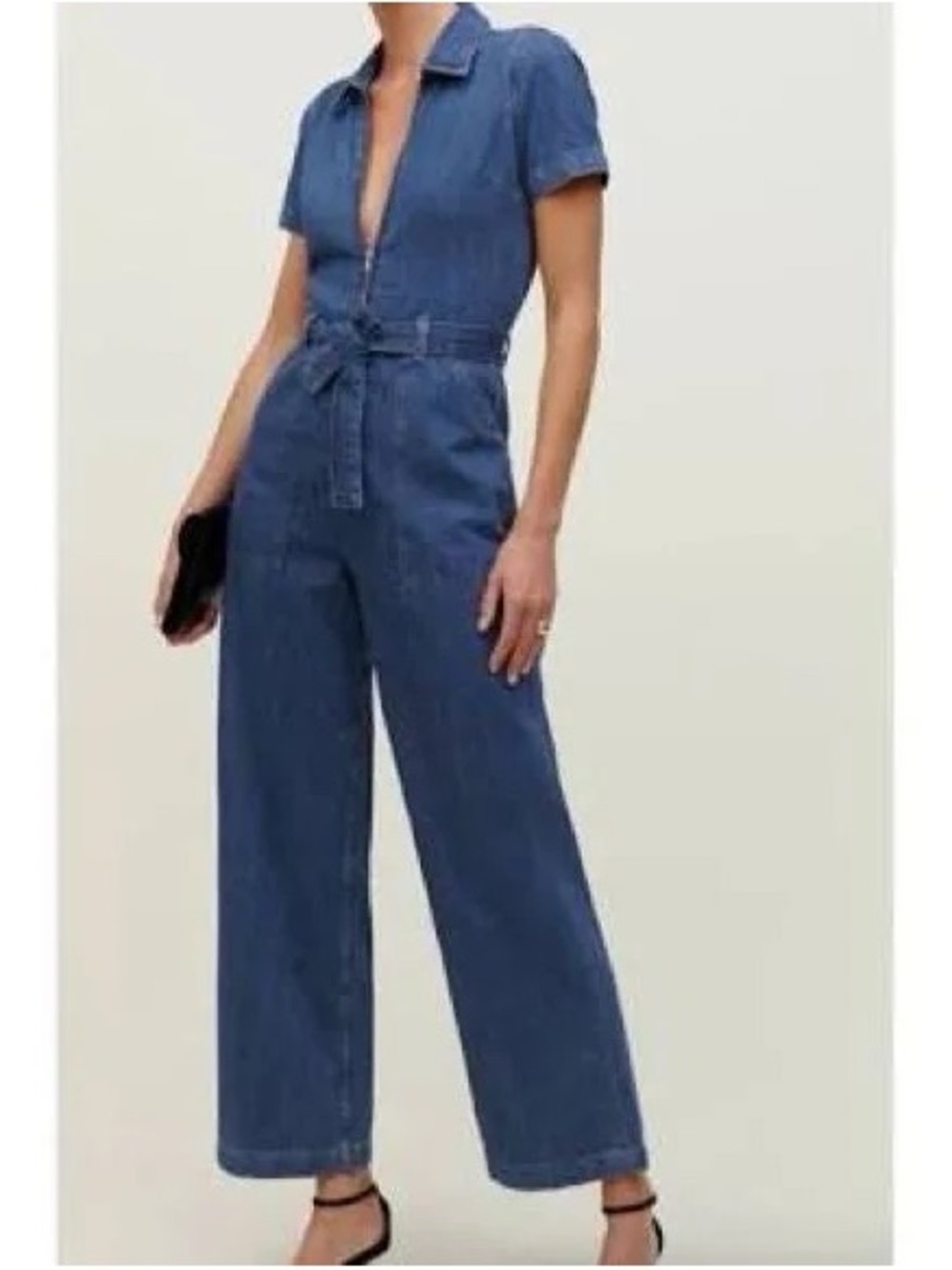 Reformation Cassidy Denim Blue Zip-Front Short Sleeve Jumpsuit